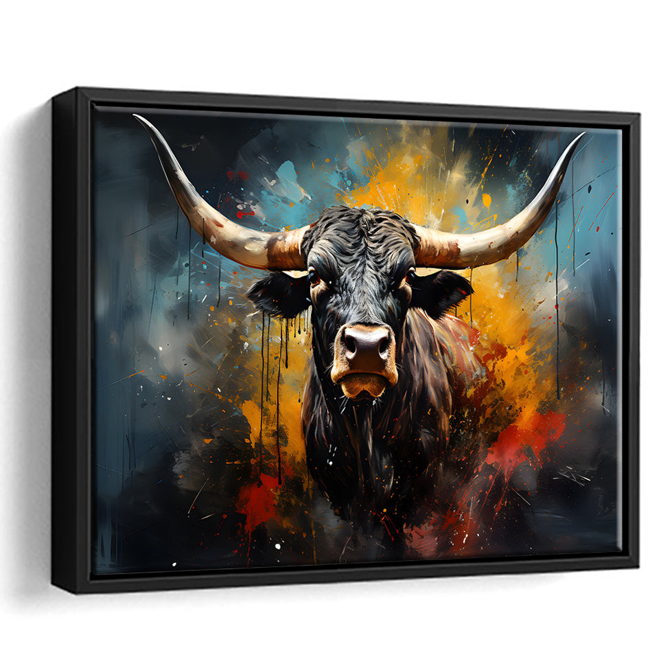 Longhorn Cow Painting Art Colorful V2 Framed Canvas Prints Wall Art Home Decor, Painting Canvas, Floating Frame