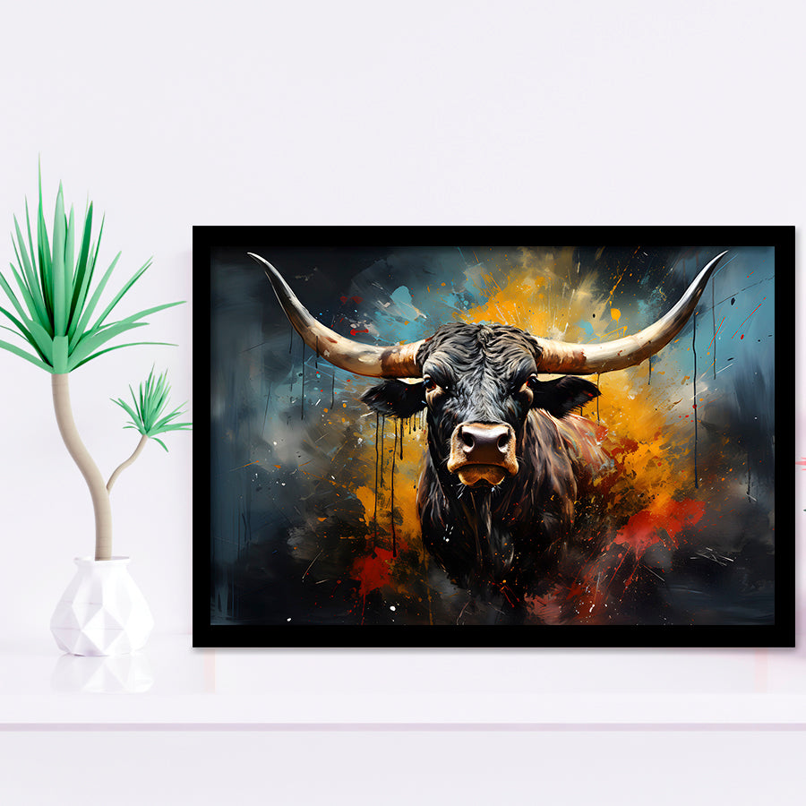 Longhorn Cow Painting Art Colorful V2 Framed Art Prints Wall Decor, Painting Art, Framed Picture