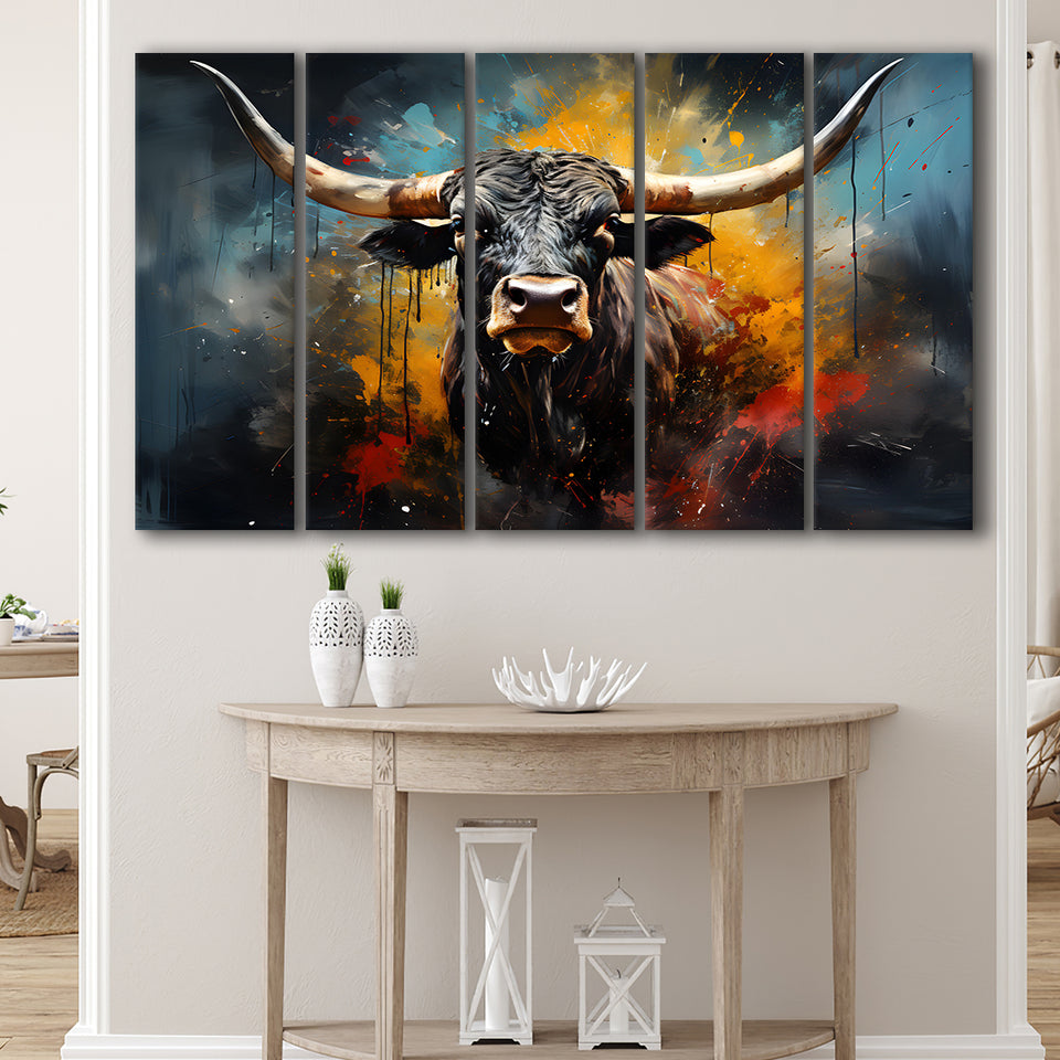 Longhorn Cow Painting Art Colorful V2 5 Panels B Canvas Prints Wall Art Home Decor, Extra Large Canvas