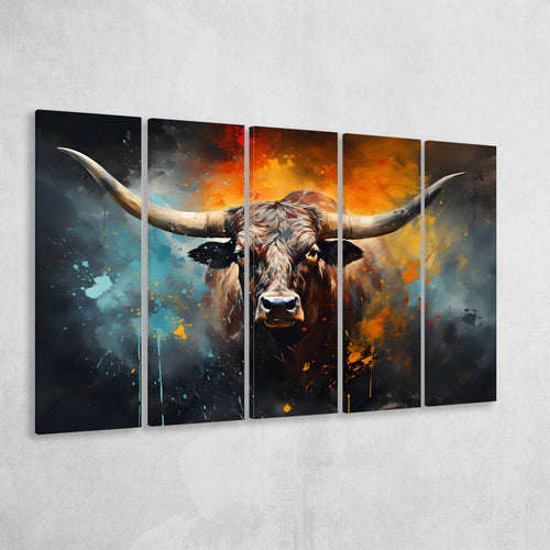 Longhorn Cow Painting Art Colorfull 5 Panels B Canvas Prints Wall Art Home Decor, Extra Large Canvas
