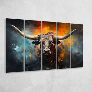 Longhorn Cow Painting Art Colorfull 5 Panels B Canvas Prints Wall Art Home Decor, Extra Large Canvas
