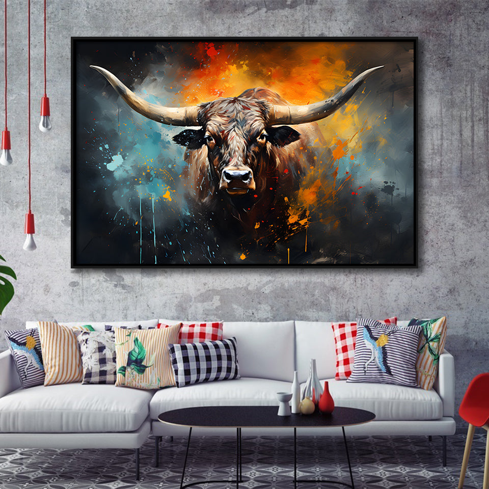 Longhorn Cow Painting Art Colorfull Framed Canvas Prints Wall Art Home Decor, Painting Canvas, Floating Frame
