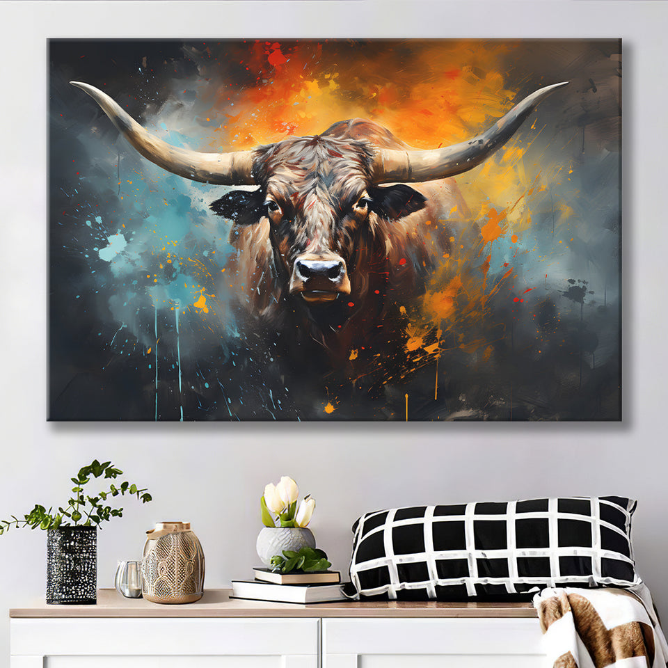 Longhorn Cow Painting Art Colorfull Canvas Prints Wall Art Home Decor, Painting Canvas, Living Room Wall Decor