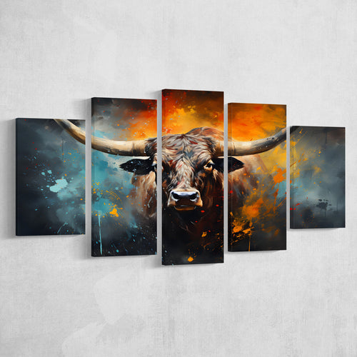 Longhorn Cow Painting Art Colorfull 5 Panels Canvas Prints Wall Art Home Decor, Large Mixed Canvas
