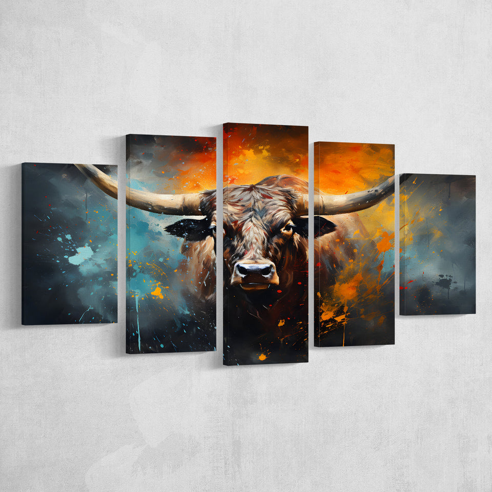 Longhorn Cow Painting Art Colorfull 5 Panels Canvas Prints Wall Art Home Decor, Large Mixed Canvas