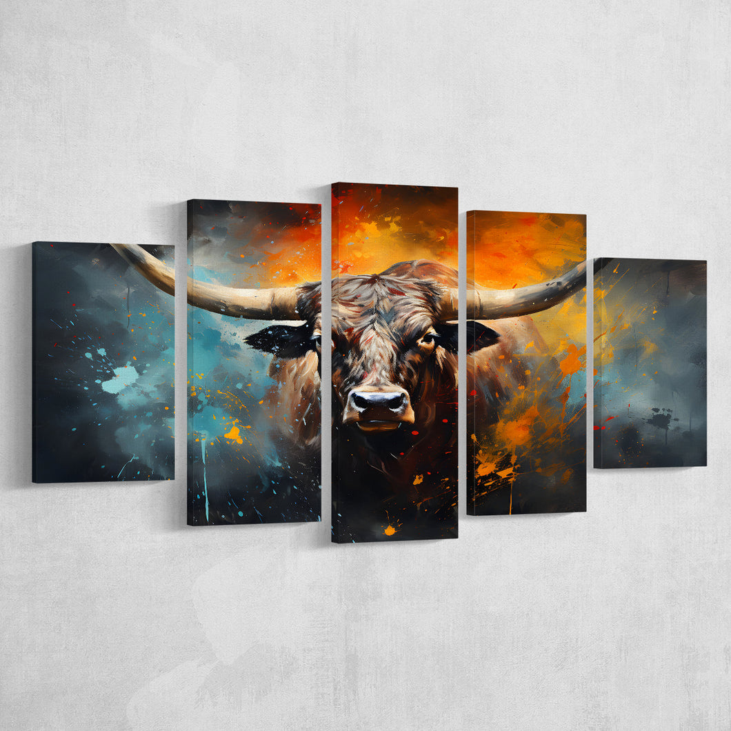 Longhorn Cow Painting Art Colorfull 5 Panels Canvas Prints Wall Art Home Decor, Large Mixed Canvas