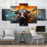 Longhorn Cow Painting Art Colorfull 5 Panels Canvas Prints Wall Art Home Decor, Large Mixed Canvas