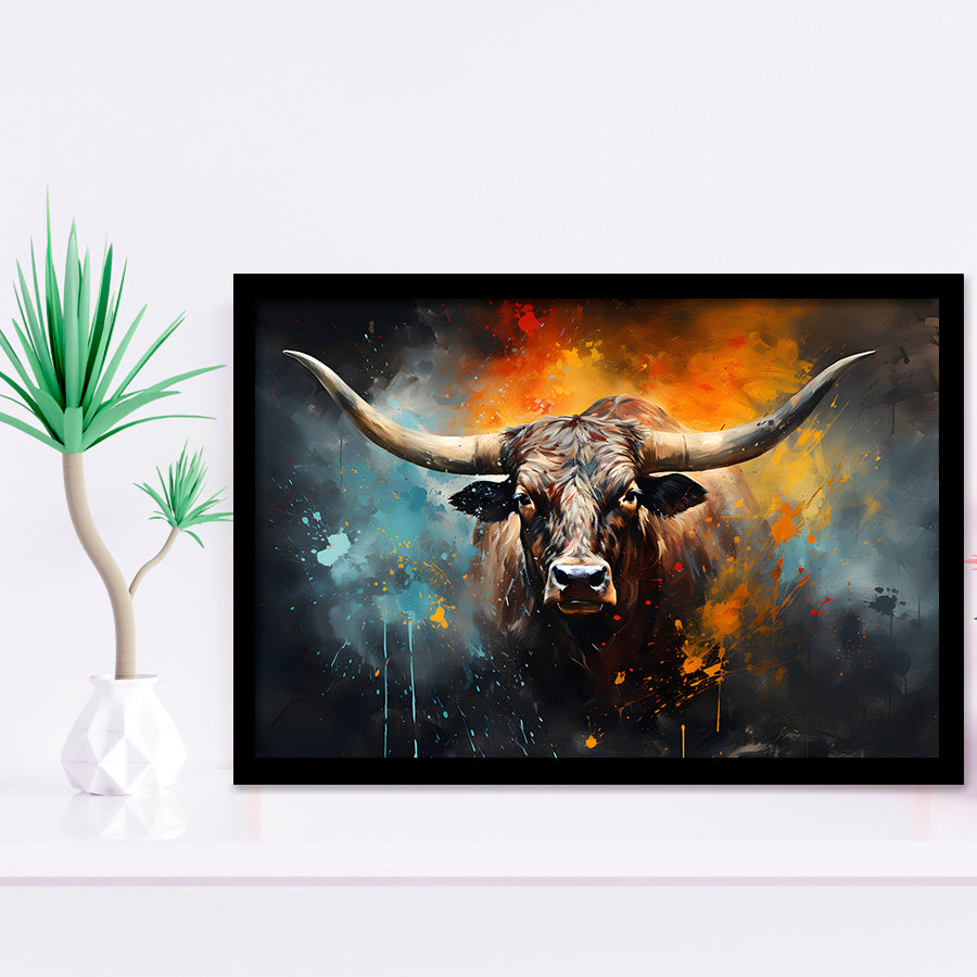 Longhorn Cow Painting Art Colorfull Framed Art Prints Wall Decor, Painting Art, Framed Picture