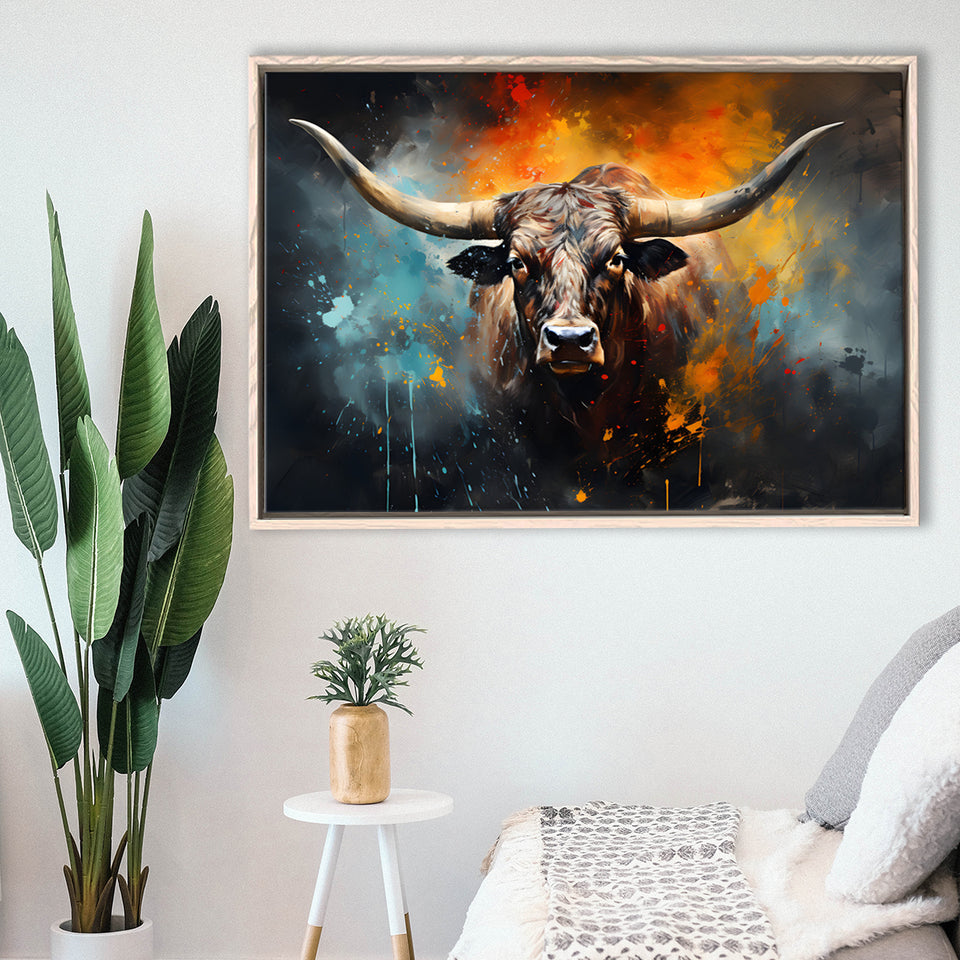 Longhorn Cow Painting Art Colorfull Framed Canvas Prints Wall Art Home Decor, Painting Canvas, Floating Frame