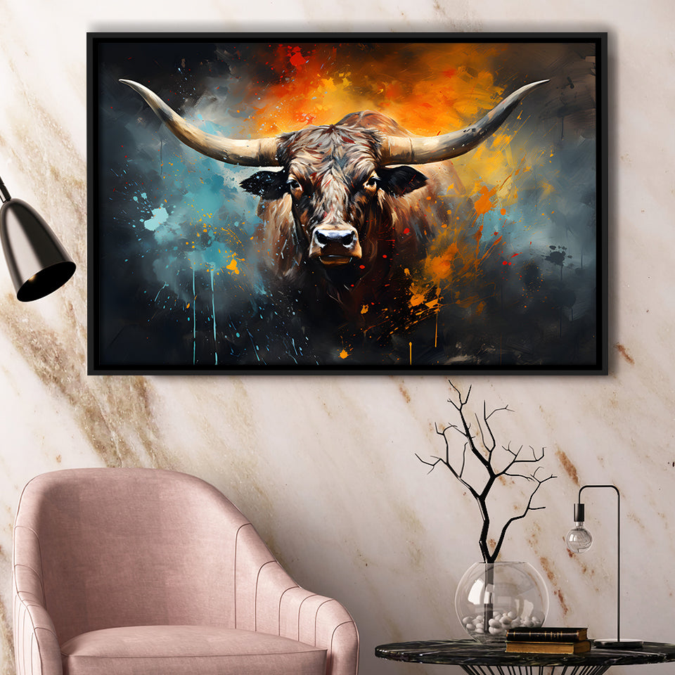 Longhorn Cow Painting Art Colorfull Framed Canvas Prints Wall Art Home Decor, Painting Canvas, Floating Frame