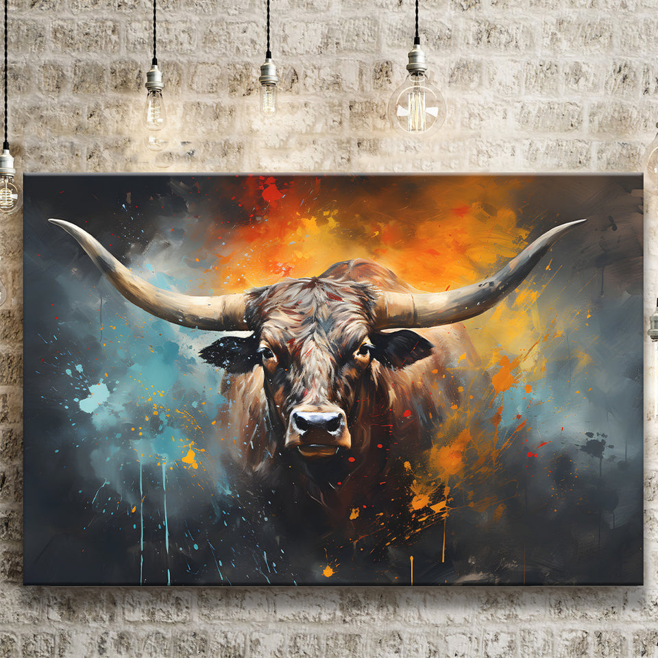 Longhorn Cow Painting Art Colorfull Canvas Prints Wall Art Home Decor, Painting Canvas, Living Room Wall Decor