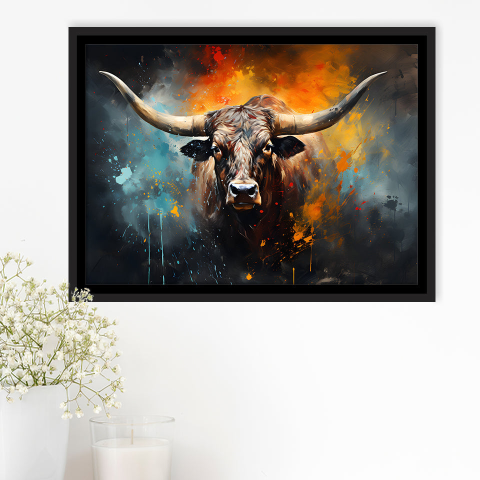 Longhorn Cow Painting Art Colorfull Framed Canvas Prints Wall Art Home Decor, Painting Canvas, Floating Frame