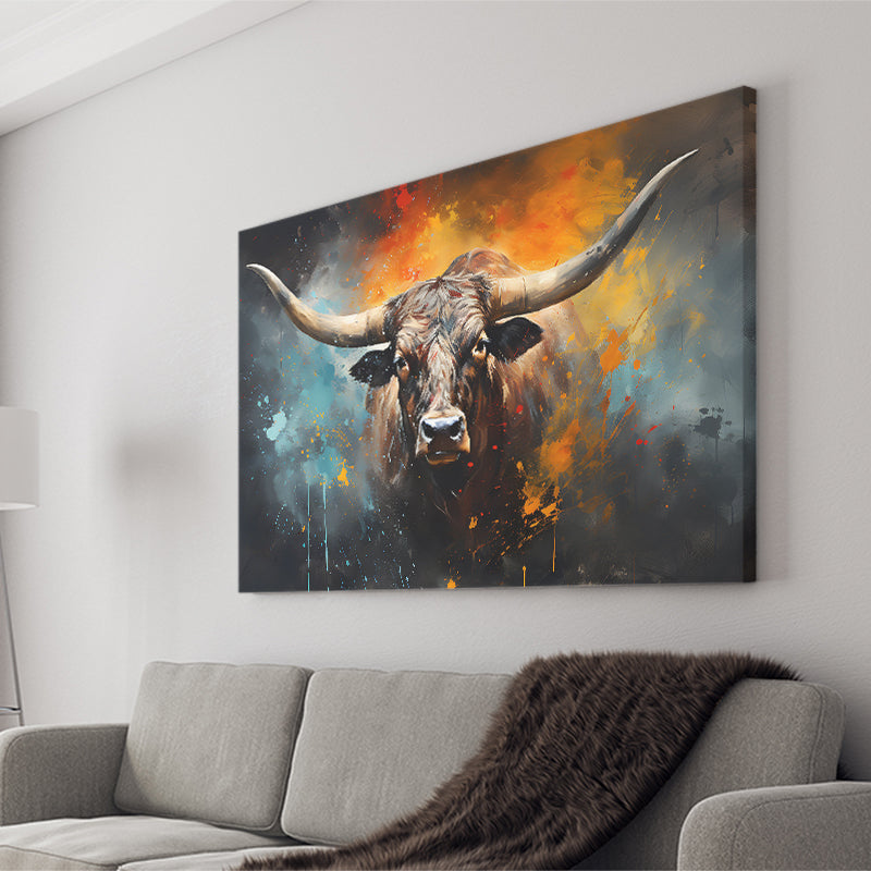 Longhorn Cow Painting Art Colorfull Canvas Prints Wall Art Home Decor, Painting Canvas, Living Room Wall Decor