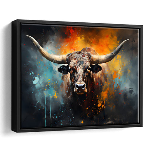 Longhorn Cow Painting Art Colorfull Framed Canvas Prints Wall Art Home Decor, Painting Canvas, Floating Frame