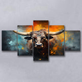 Longhorn Cow Painting Art Colorfull 5 Panels Canvas Prints Wall Art Home Decor, Large Mixed Canvas