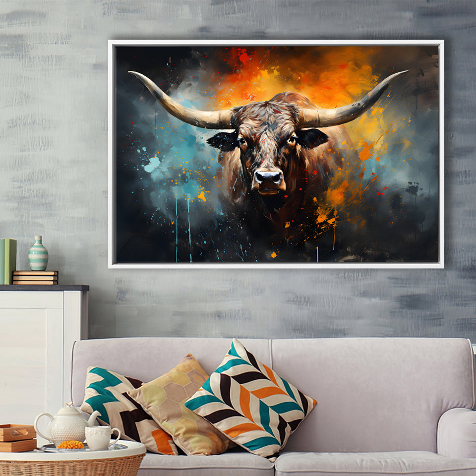 Longhorn Cow Painting Art Colorfull Framed Canvas Prints Wall Art Home Decor, Painting Canvas, Floating Frame