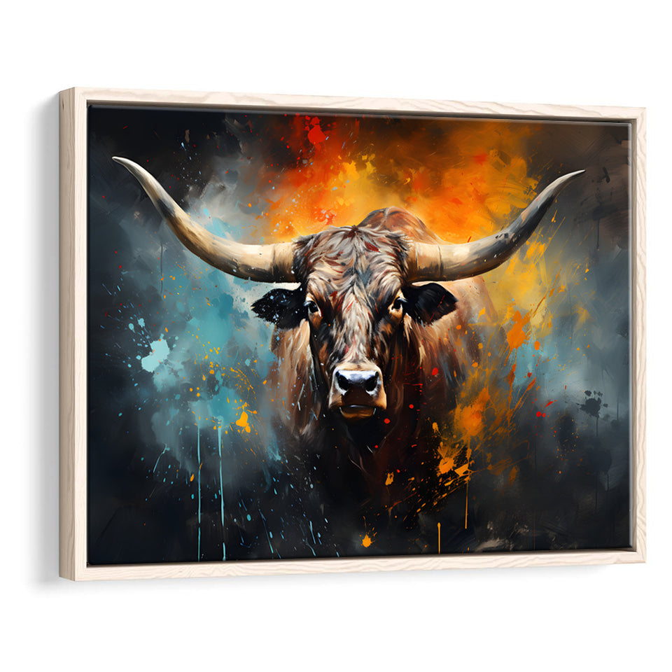 Longhorn Cow Painting Art Colorfull Framed Canvas Prints Wall Art Home Decor, Painting Canvas, Floating Frame