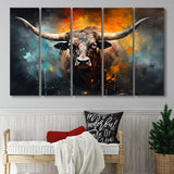 Longhorn Cow Painting Art Colorfull 5 Panels B Canvas Prints Wall Art Home Decor, Extra Large Canvas