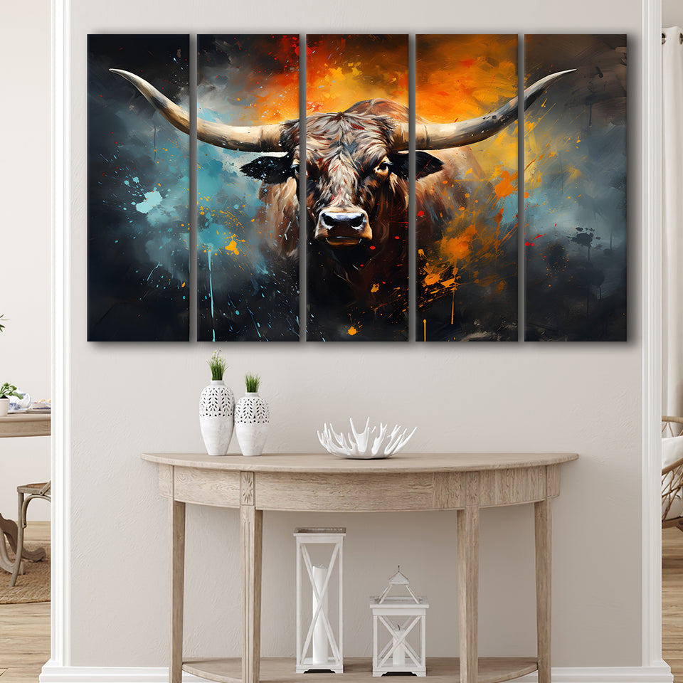 Longhorn Cow Painting Art Colorfull 5 Panels B Canvas Prints Wall Art Home Decor, Extra Large Canvas