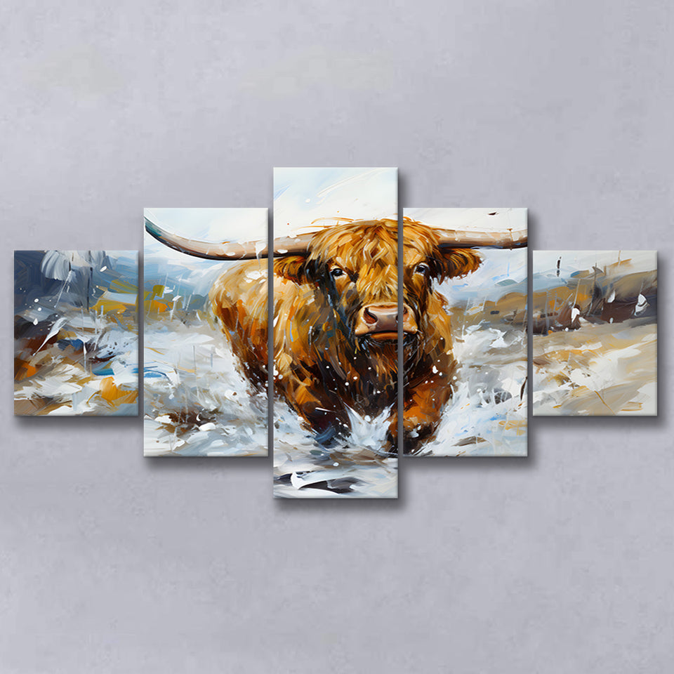 Longhorn Cow Art Oil Painting 5 Panels Canvas Prints Wall Art Home Decor, Large Mixed Canvas