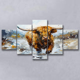 Longhorn Cow Art Oil Painting 5 Panels Canvas Prints Wall Art Home Decor, Large Mixed Canvas