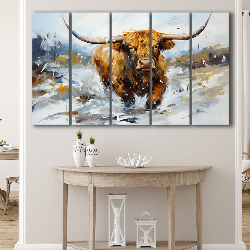 Longhorn Cow Art Oil Painting 5 Panels B Canvas Prints Wall Art Home Decor, Extra Large Canvas