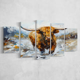 Longhorn Cow Art Oil Painting 5 Panels Canvas Prints Wall Art Home Decor, Large Mixed Canvas