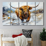 Longhorn Cow Art Oil Painting 5 Panels B Canvas Prints Wall Art Home Decor, Extra Large Canvas