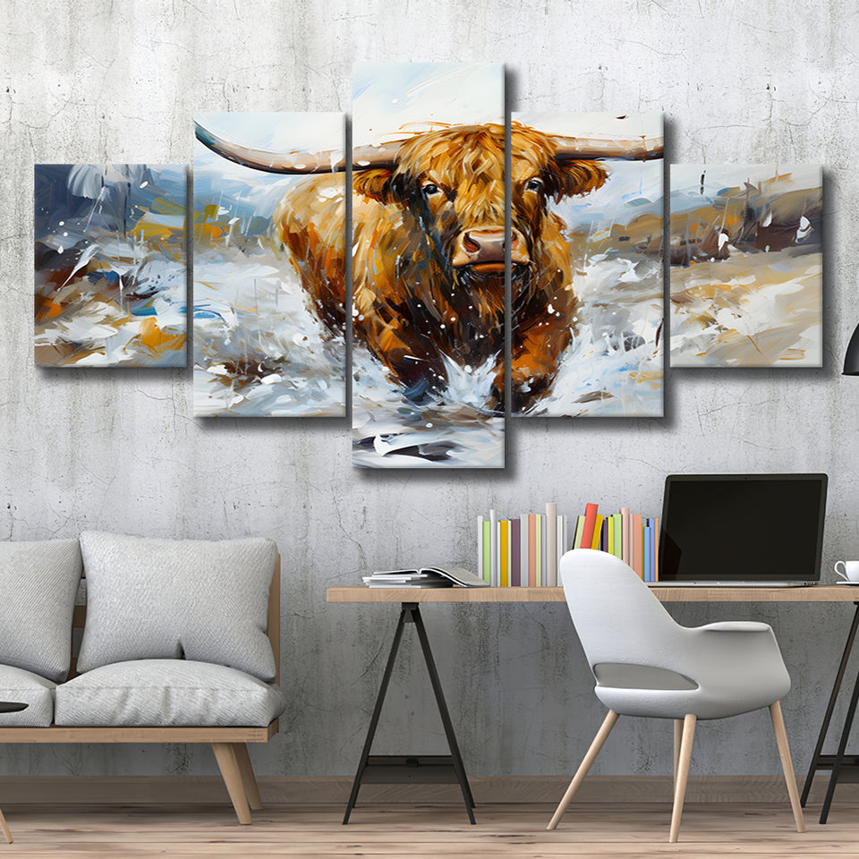 Longhorn Cow Art Oil Painting 5 Panels Canvas Prints Wall Art Home Decor, Large Mixed Canvas