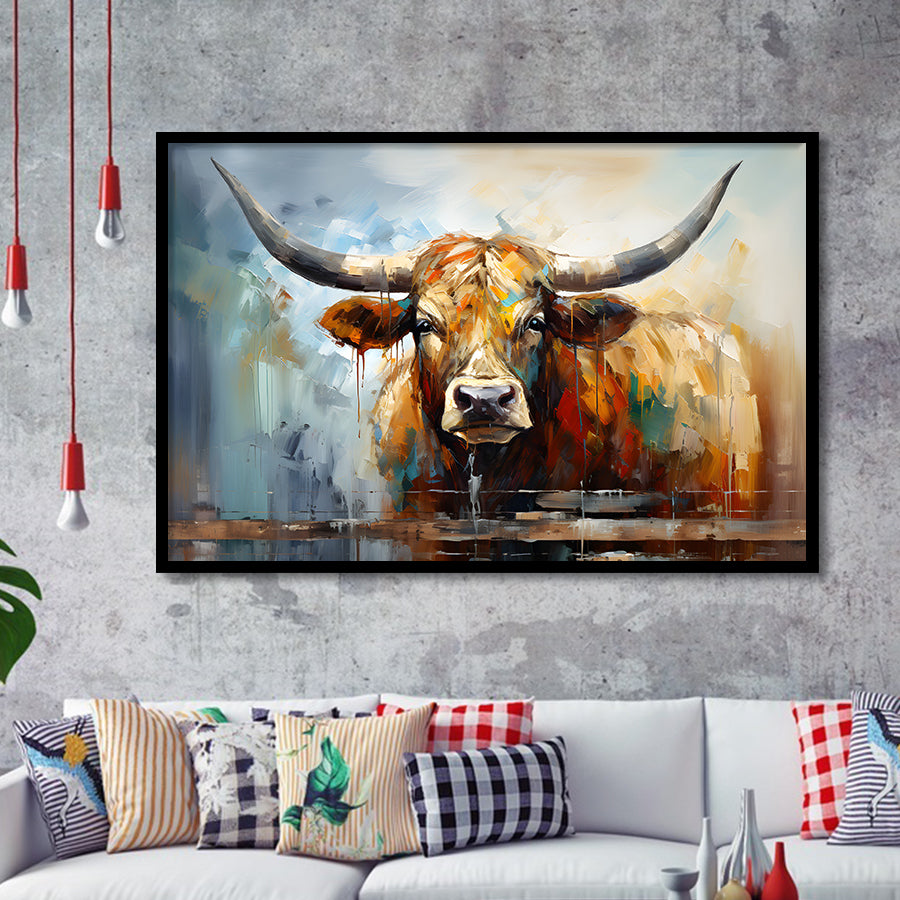 Longhorn Cow Beautiful Painting Framed Art Prints Wall Decor, Painting Art, Framed Picture