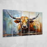 Longhorn Cow Beautiful Painting 5 Panels B Canvas Prints Wall Art Home Decor, Extra Large Canvas