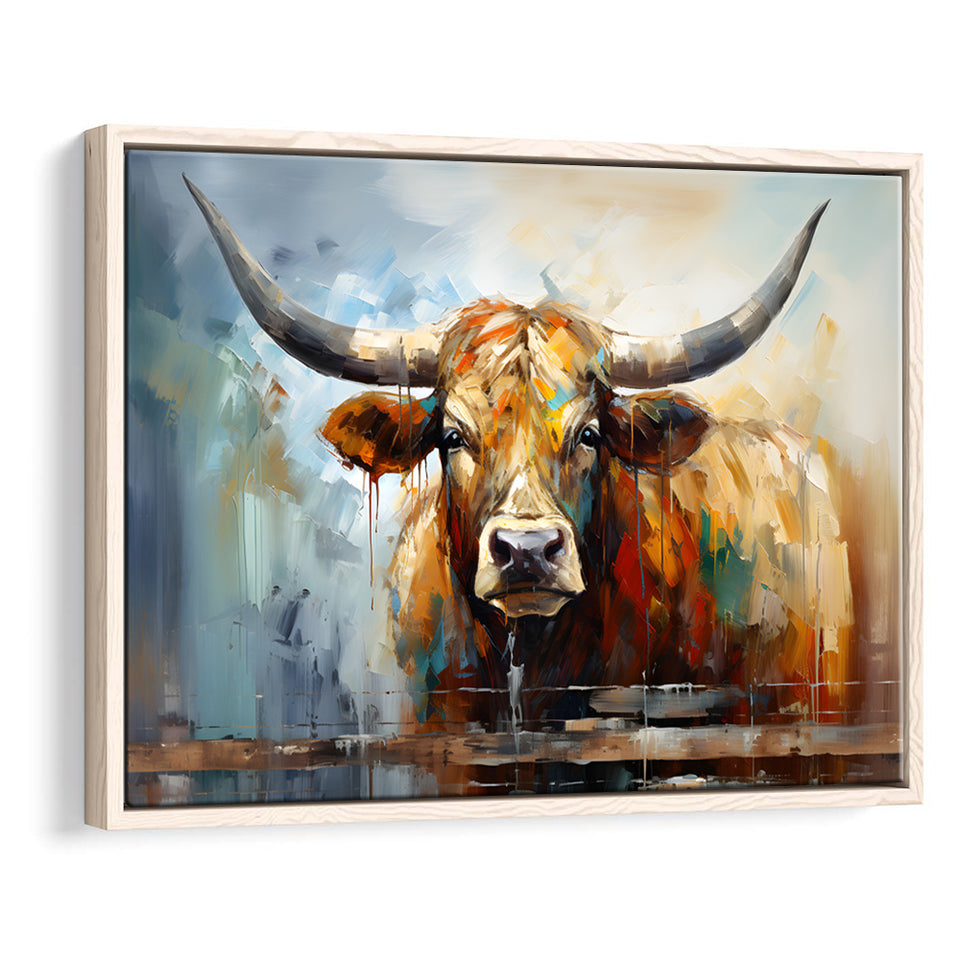 Longhorn Cow Beautiful Painting Framed Canvas Prints Wall Art Home Decor, Painting Canvas, Floating Frame
