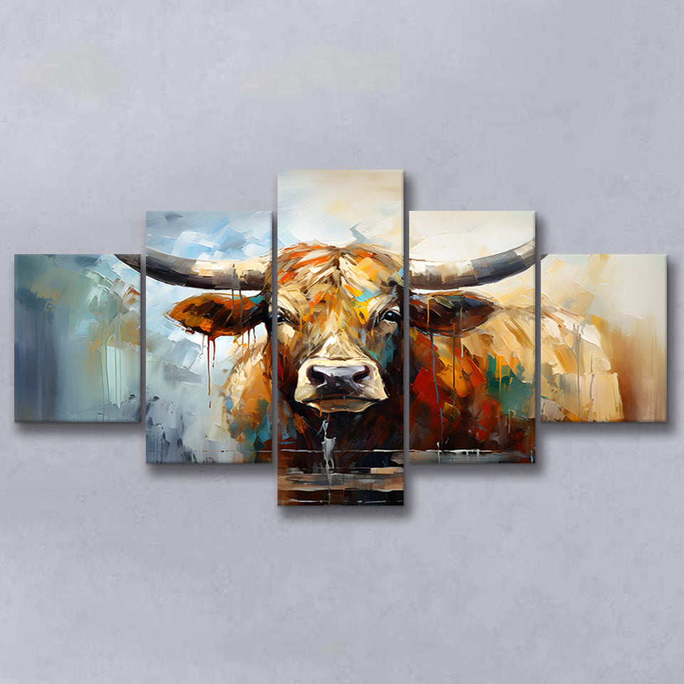 Longhorn Cow Beautiful Painting 5 Panels Canvas Prints Wall Art Home Decor, Large Mixed Canvas