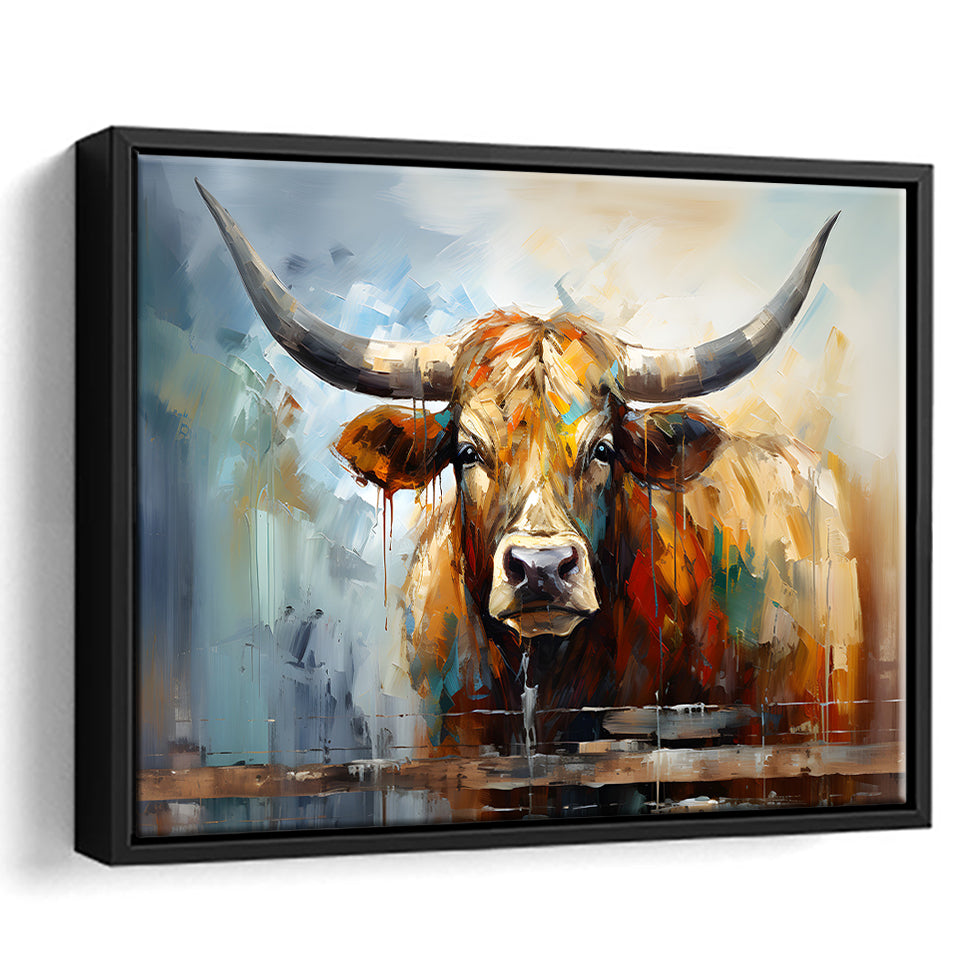 Longhorn Cow Beautiful Painting Framed Canvas Prints Wall Art Home Decor, Painting Canvas, Floating Frame