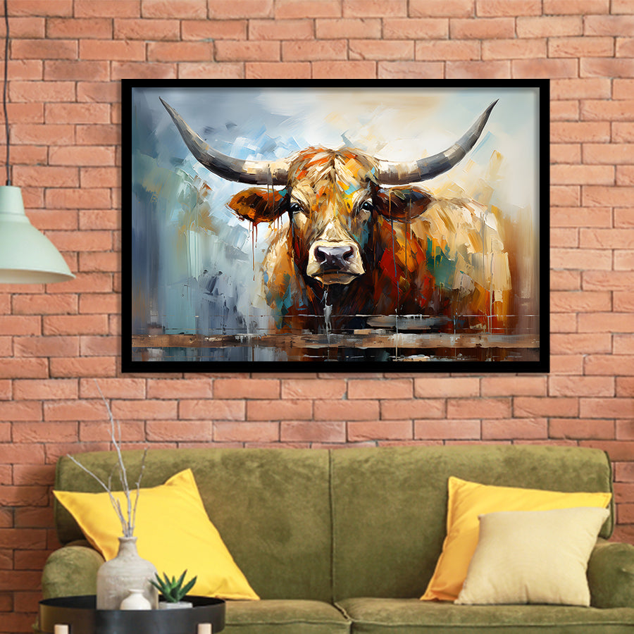 Longhorn Cow Beautiful Painting Framed Art Prints Wall Decor, Painting Art, Framed Picture