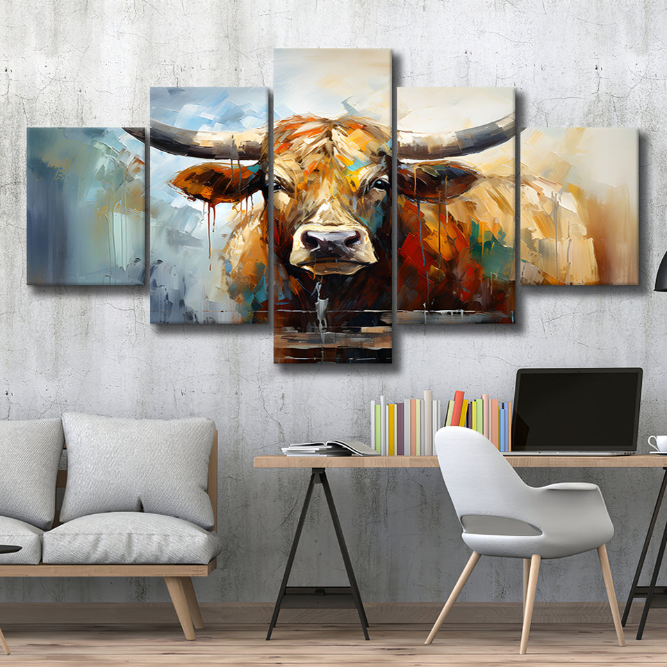 Longhorn Cow Beautiful Painting 5 Panels Canvas Prints Wall Art Home Decor, Large Mixed Canvas