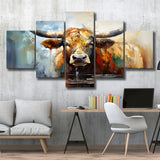 Longhorn Cow Beautiful Painting 5 Panels Canvas Prints Wall Art Home Decor, Large Mixed Canvas