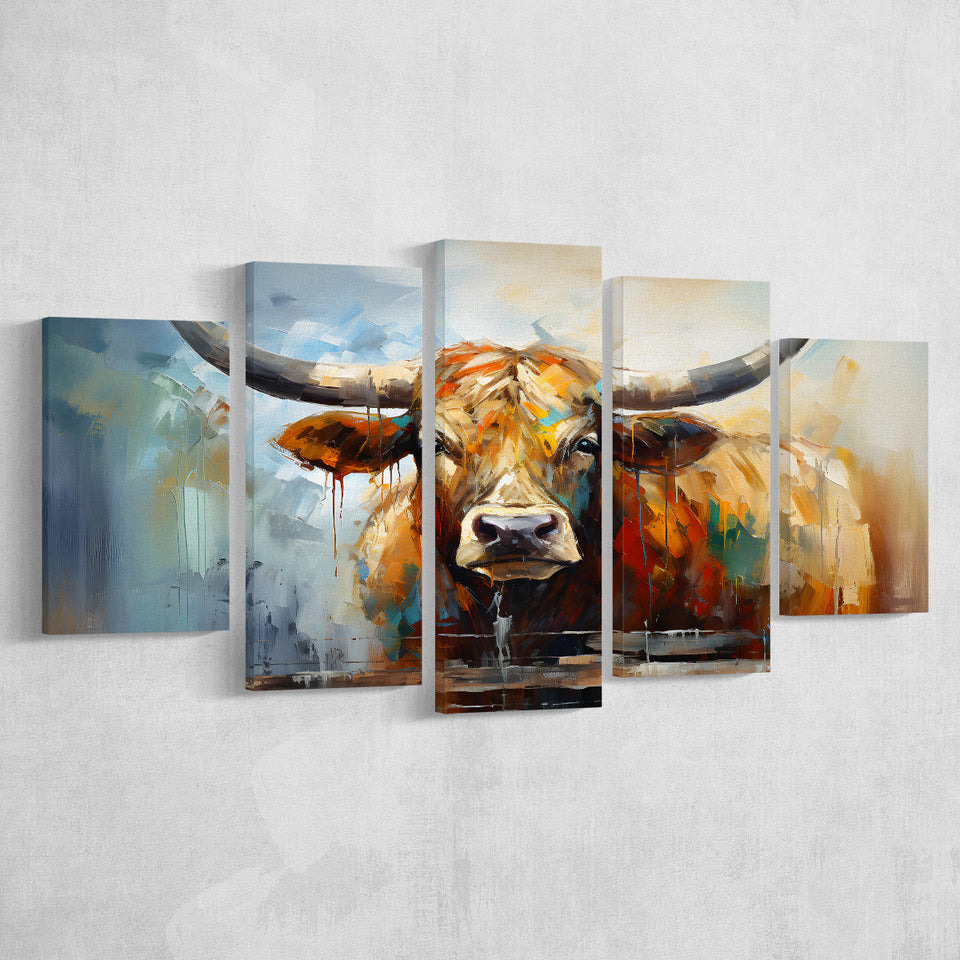 Longhorn Cow Beautiful Painting 5 Panels Canvas Prints Wall Art Home Decor, Large Mixed Canvas