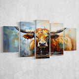 Longhorn Cow Beautiful Painting 5 Panels Canvas Prints Wall Art Home Decor, Large Mixed Canvas