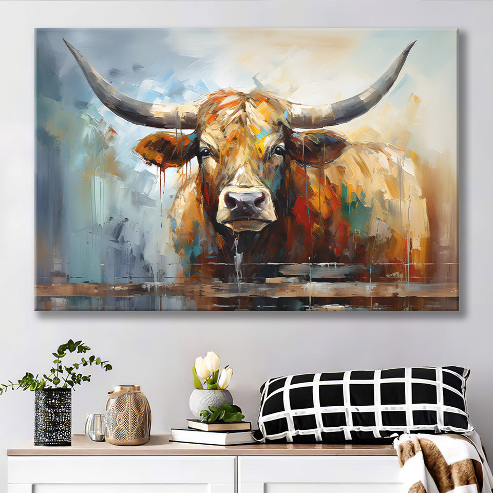 Longhorn Cow Beautiful Painting Canvas Prints Wall Art Home Decor, Painting Canvas, Living Room Wall Decor