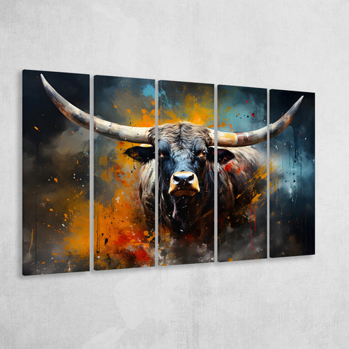 Longhorn Cow Colorfull Portrait Art 5 Panels B Canvas Prints Wall Art Home Decor, Extra Large Canvas