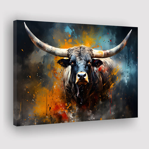 Longhorn Cow Colorfull Portrait Art Canvas Prints Wall Art Home Decor, Painting Canvas, Living Room Wall Decor