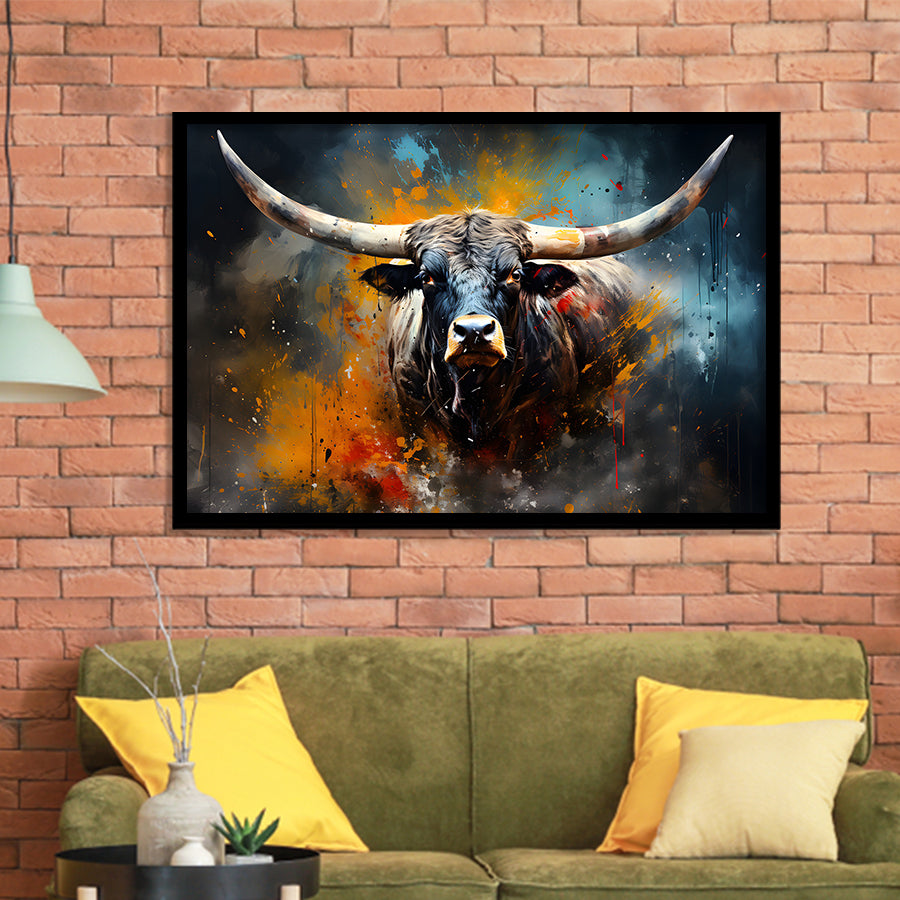 Longhorn Cow Colorfull Portrait Art Framed Art Prints Wall Decor, Painting Art, Framed Picture