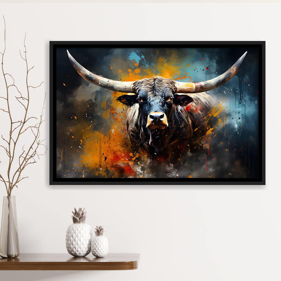 Longhorn Cow Colorfull Portrait Art Framed Canvas Prints Wall Art Home Decor, Painting Canvas, Floating Frame