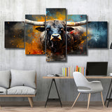 Longhorn Cow Colorfull Portrait Art 5 Panels Canvas Prints Wall Art Home Decor, Large Mixed Canvas