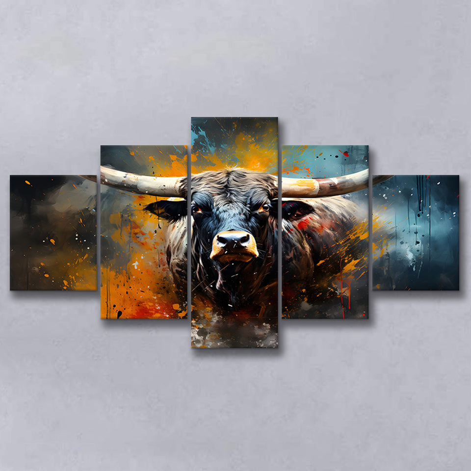 Longhorn Cow Colorfull Portrait Art 5 Panels Canvas Prints Wall Art Home Decor, Large Mixed Canvas