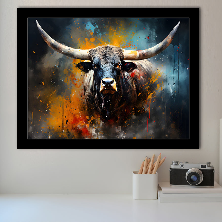 Longhorn Cow Colorfull Portrait Art Framed Art Prints Wall Decor, Painting Art, Framed Picture