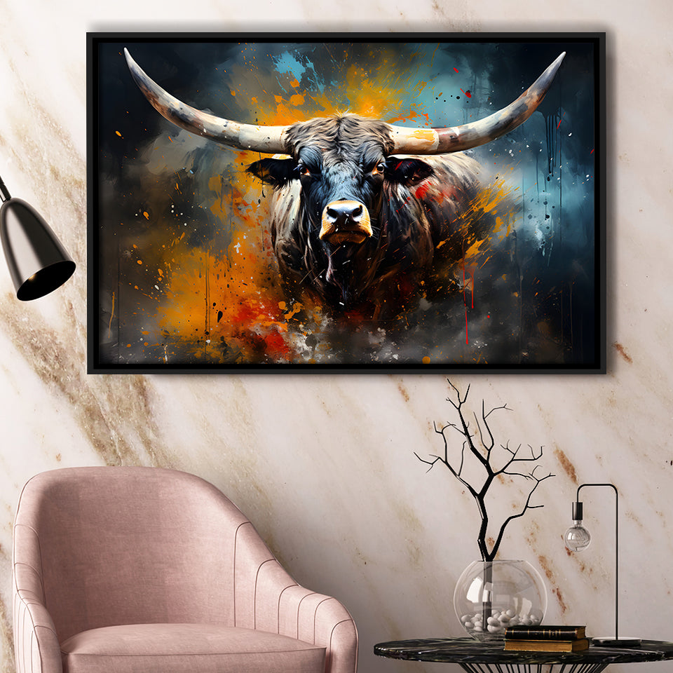 Longhorn Cow Colorfull Portrait Art Framed Canvas Prints Wall Art Home Decor, Painting Canvas, Floating Frame
