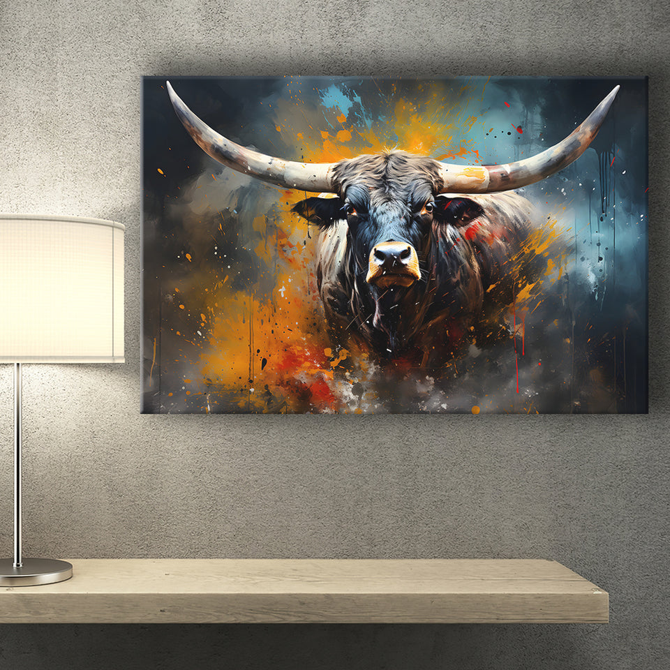Longhorn Cow Colorfull Portrait Art Canvas Prints Wall Art Home Decor, Painting Canvas, Living Room Wall Decor