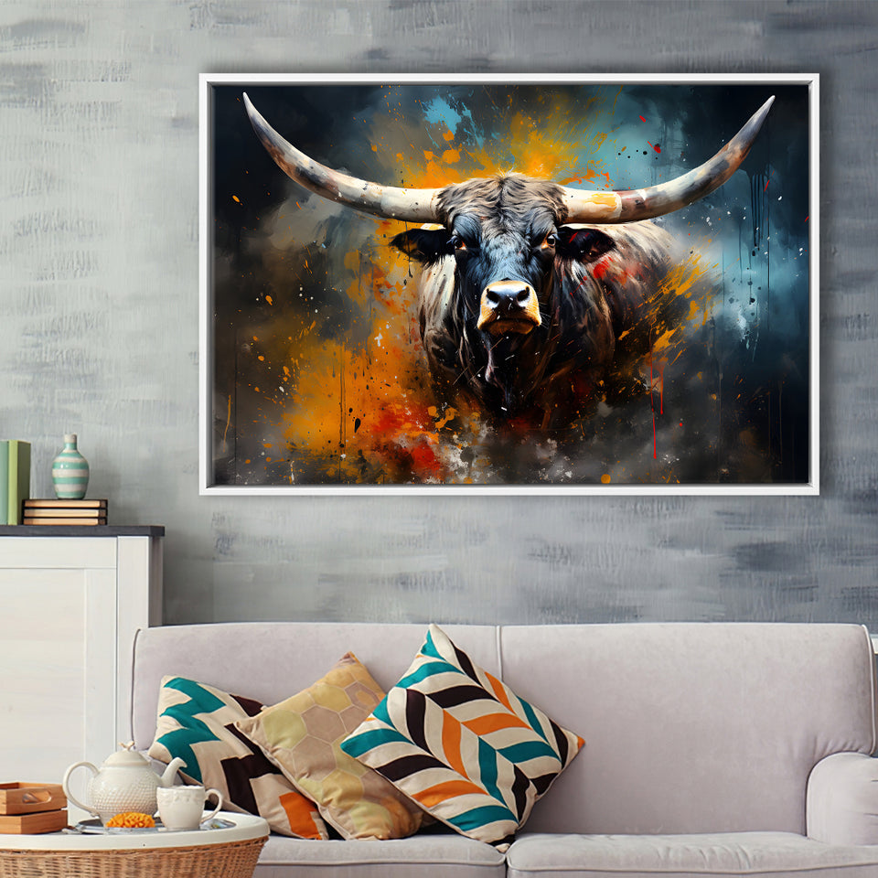 Longhorn Cow Colorfull Portrait Art Framed Canvas Prints Wall Art Home Decor, Painting Canvas, Floating Frame